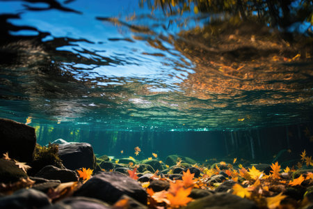 Experiencing Fall Foliage From An Submerged Perspective: Underwater Autumn Leaves.の素材