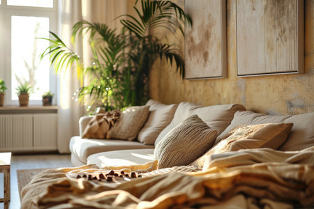 Cozy Beige Living Room With Modern Interior Details.の素材