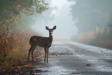 Deer Posing As Road Hazard In Misty Morning.の素材