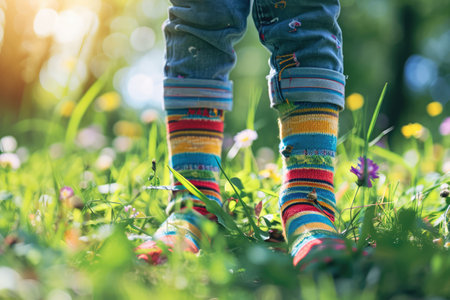 A Child Wears Colorful Socks Outside Without Shoes On. Ð¡oncept Colorful Socks, Barefoot Fun, Outdoor Fashion, Playful Style, Cute Kid Moments.の素材