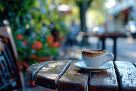 Captures Cup Of Coffee On Table In Outdoor Cafe.の素材