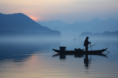 Fisherman Works At Dawn, Experiencing Solitude And Tradition.の素材