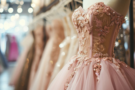 Elegant Luxury Boutique Featuring A Pale Pink Prom Dress On A Mannequin With.の素材