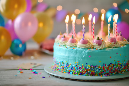 Vibrant Birthday Celebration: Colorful Cake, Candles, And Party Decorations In Focus.の素材