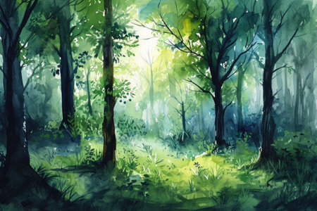 Handdrawn Watercolor Painting Of Green Forest Woods.の素材