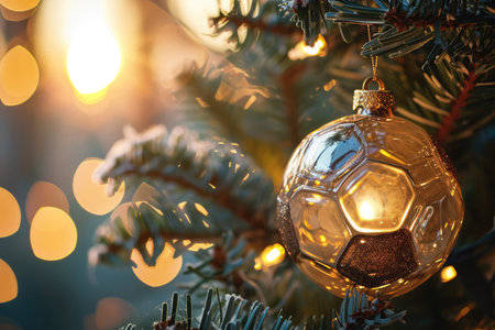 Captures Glass Soccer Ball Hanging On Christmas Tree.の素材