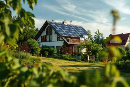 Eco-Friendly Suburban Home Featuring Solar Panel System In Focus.の素材