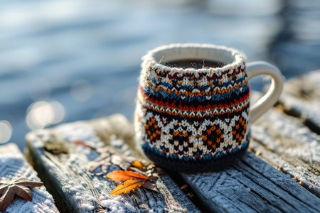 Nordic-Inspired Knitted Cup Cover Highlights Scandinavian Aesthetic On Wooden Surface.の素材
