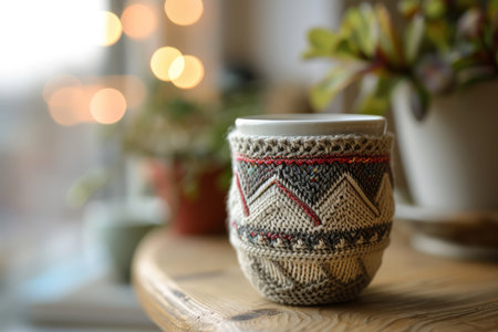 Cup With Unique, Patterned Knitted Cover, Highlighting Artisanal Flair And Creativity.の素材