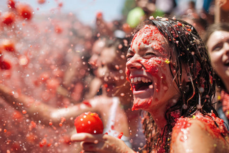 People Joyfully Throw Tomatoes At La Tomatina Festival.の素材