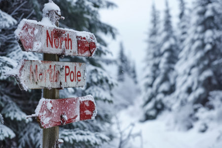 Signpost In Winter Landscape Clearly Points To North Pole.の素材