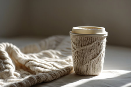 Cup With Simple, Elegant Knitted Cover On Clean, White Surface, Exuding Minimalist Chic.の素材