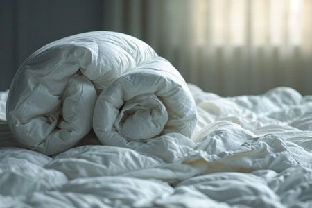 White Duvet On Bed, Preparing For Winter Season.の素材