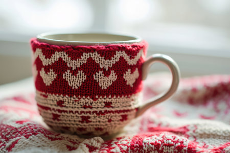 Cup With Heartpatterned Knitted Cover, Ideal For Valentines Day And Romantic Themes.の素材