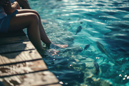 Couple Sits On Jetty, Their Feet Skimming The Waters Surface, Watching Fish Swim By.の素材