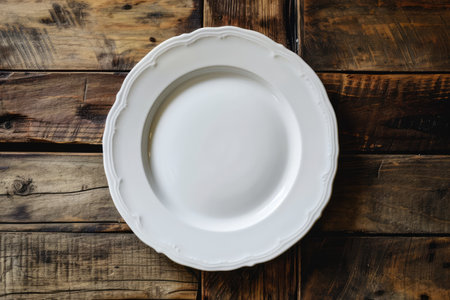 Top View Of Empty White Plate On Wooden Table.の素材