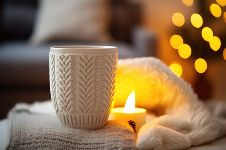 Cozy Scene By The Fireplace: Cup With A Knitted Cover Spreading Warmth And Comfort.の素材
