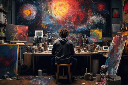 Artist Paints In Their Studio, Surrounded By Creative Chaos.の素材
