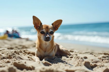 Chihuahua Enjoys Relaxing Beach Day, Soaking Up The Sun.の素材