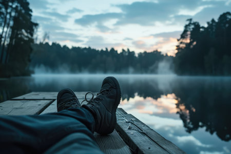 Person Sits On Dock, Feet Dangling Over Quiet Lake, Fishing At Dawn.の素材