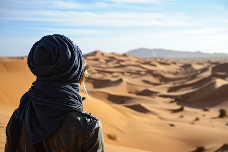 Solo Adventurer Gazes At The Vast Dunes Of The Sahara Desert, Morocco.の素材