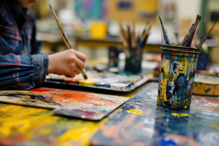 Student Creates Art In Bright, Colorful Classroom Setting.の素材