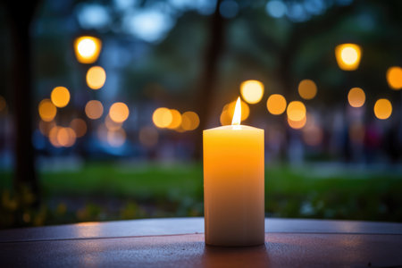 Single Wax Candle Glows In The Dark During Candlelight Vigil, Symbolizing Remembrance.の素材