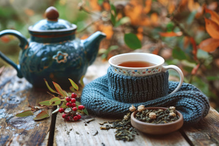 Enhancing Tea Time With A Traditional Teacup, Knitted Cozy, Tea Leaves, And Teapot.の素材