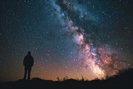 In A Dark Sky Reserve, A Person Stands In Awe Under The Vast Expanse Of The Milky Way, With Selective Focus.の素材