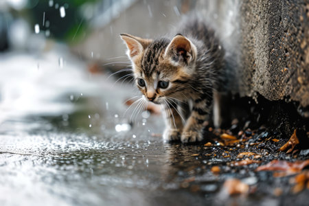 Stray Kitten Seeks Shelter From Rain, Begging For Food.の素材