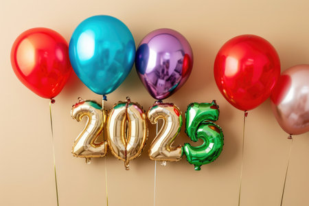 The Message Numbers 2025 Of Balloons Against A Beige Backdrop.の素材