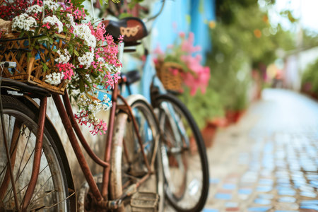 Romantic Bicycles: Two Hearts United With A Basket Of Flowersの素材