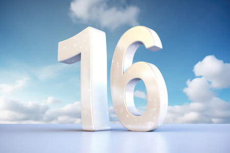 Sixteen 16 On A White Background: Simple Design Against The Skyの素材