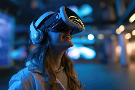 Smiling Woman Employee Cybersecurity Analyst In Virtual Vr Gogglesの素材