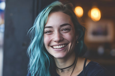 Colorful Market Research Analyst: The Smiling Woman With Blue Hairの素材