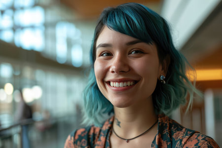Smiling Woman Employee Industrial Engineer With Blue Hairの素材
