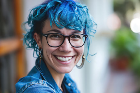 Smiling Woman Employee Political Scientist With Blue Hairの素材