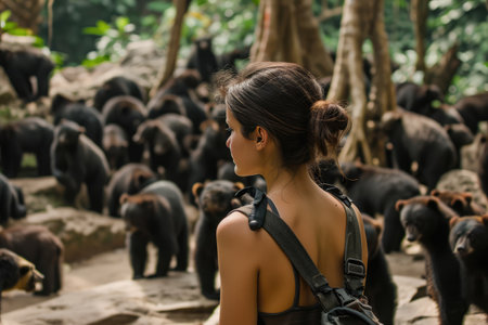 Young Woman Standing Amongst Large Number Of Sun Bearsの素材