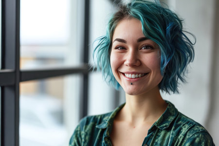 Smiling Woman Employee Project Manager With Blue Hairの素材