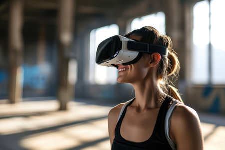 Cheerful Female Employee Using Virtual Reality Goggles While Being A Physical Trainerの素材
