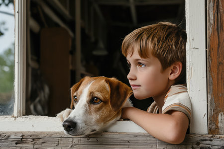 Curious Boy And Dog Peering Out The Windowの素材
