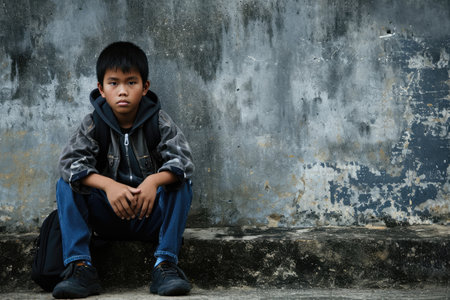 School Boy Sitting Alone, Victim Of Bullyingの素材