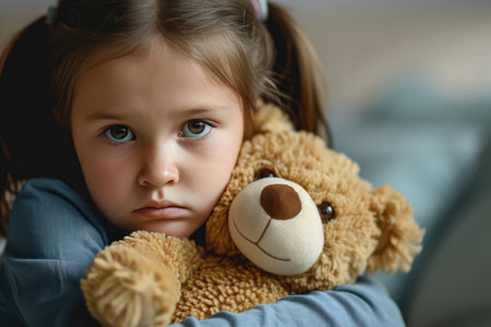 Distressed Little Girl Clinging To Her Teddy Bear, Overwhelmed By Sadnessの素材