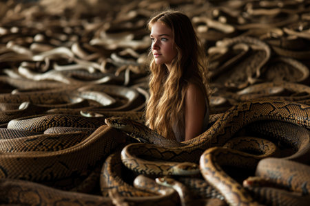 Young Woman Standing Amongst Large Number Of King Cobrasの素材