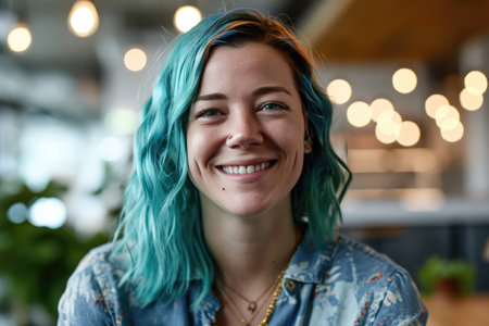 Smiling Woman Employee Technical Project Manager With Blue Hairの素材