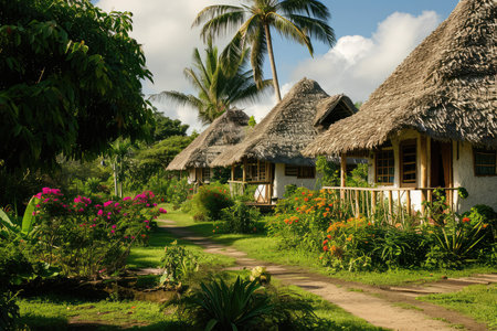 Sustainable Resort With Thatched-Roof Bungalows And Solar Powerの素材