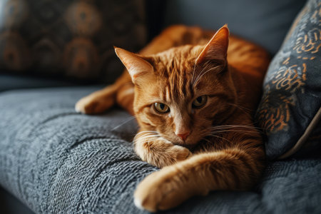 Cute Red Cat Lying On Gray Armchair In The Living Roomの素材