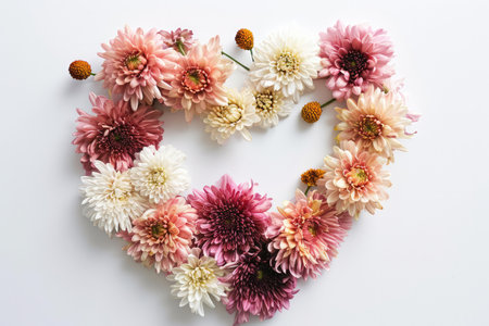 Chrysanthemums Laid Out In Heart Shape On White Background Top Viewの素材
