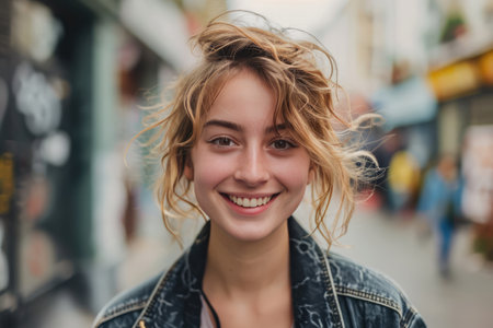 Confident Young Woman Engages With Camera Through Direct Eye Contactの素材
