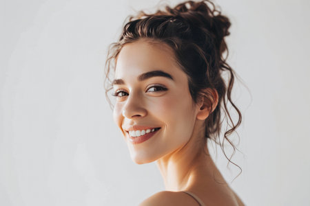 Gorgeous Smiling Woman With Chignon On White Backgroundの素材
